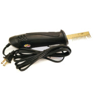 Corded black electric hair trimmer with a golden comb and blade attachment, and a coiled black cord.