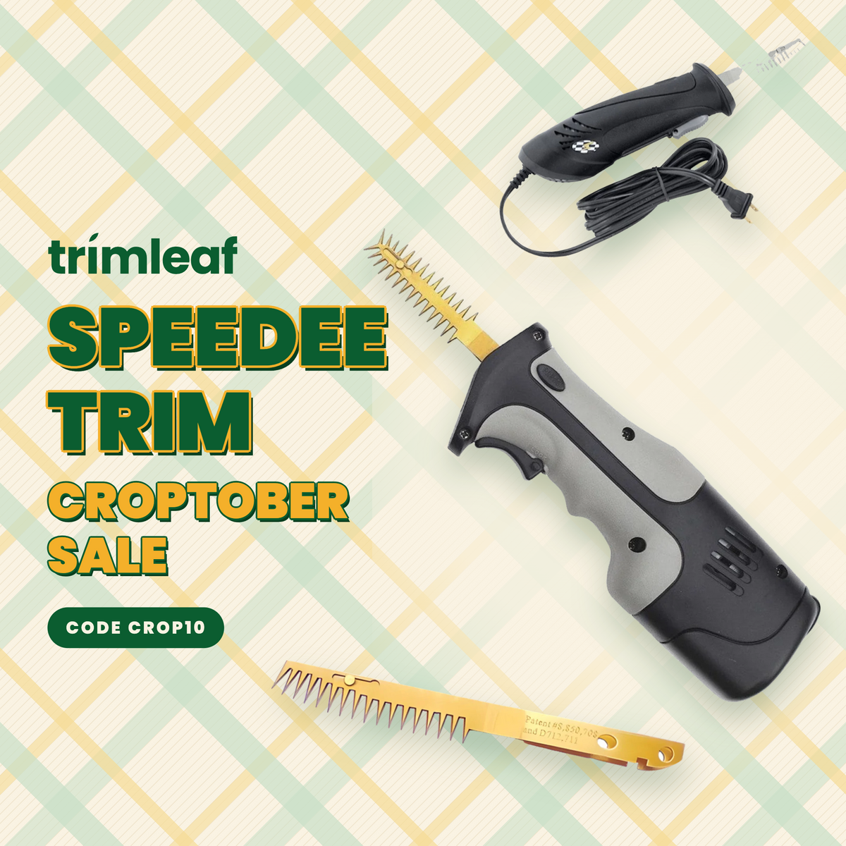 Trimleaf Speedee Trim Croptober Sale: electric trimmers and coupon code CROPT10 on a plaid background.
