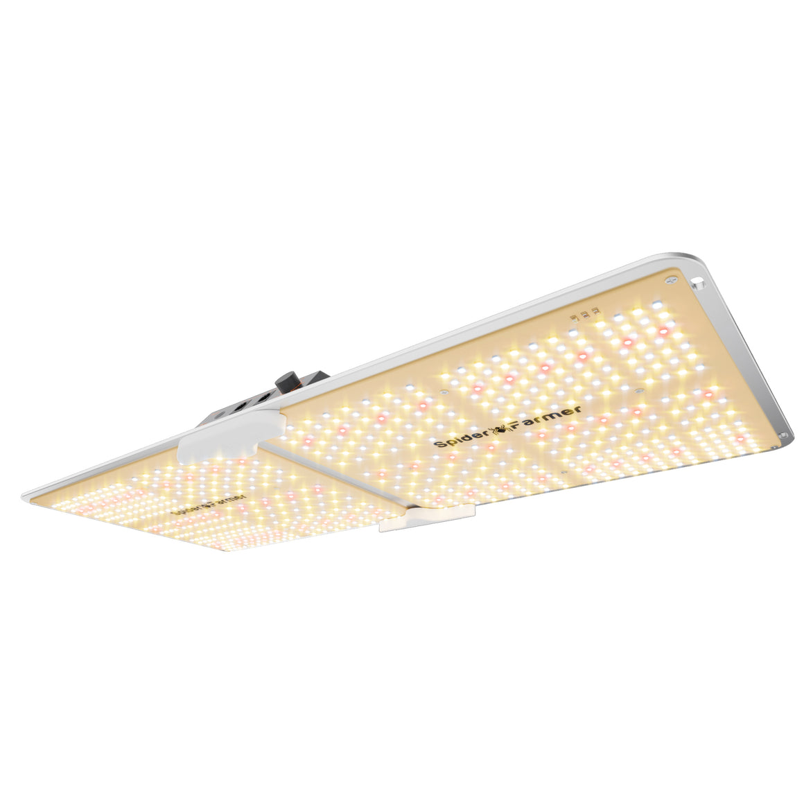 Spider Farmer SF2000 LED grow light, white frame, full spectrum LEDs, white & red diodes, logo visible.