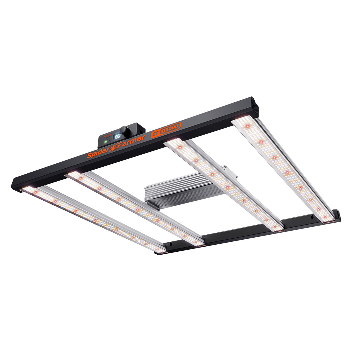 Spider Farmer SF G3000 full spectrum LED grow light for indoor plants, black frame with multiple light bars and dimmer.