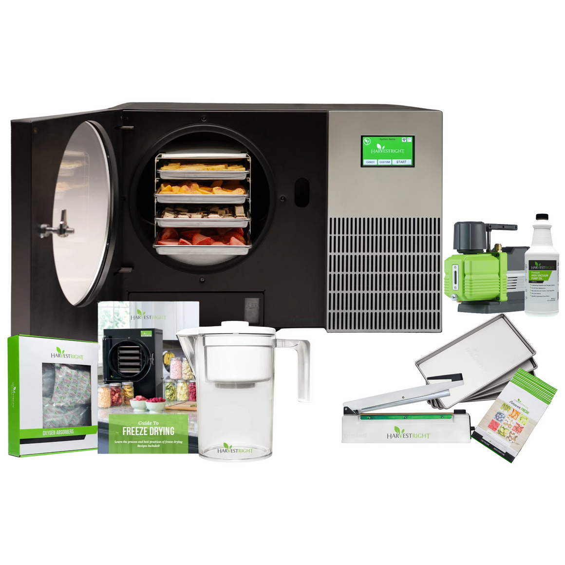 Harvest Right freeze dryer bundle with food trays, vacuum pump, oil, guide, and sealing machine.