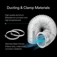 High-quality aluminum flexible ducting for ventilation with airflow graphic, and two stainless steel clamps.