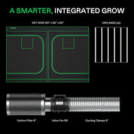 VIVOSUN integrated grow tent kit featuring 120x60x80 tent, two VSFL6450 lights, 8-inch carbon filter, inline fan, and ducting.