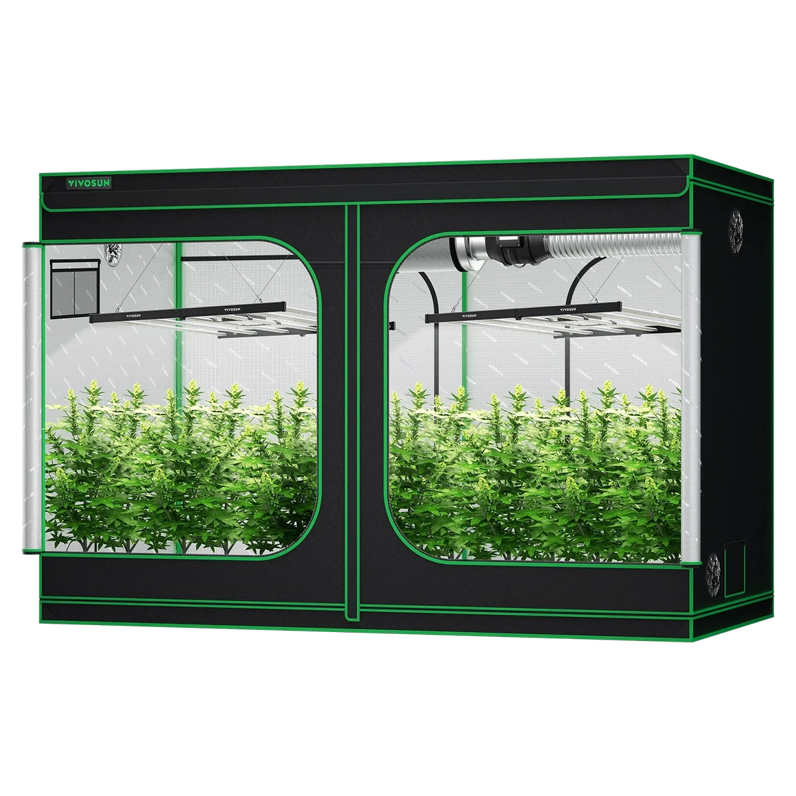 YIYOSUN black & green double grow tent kit with lush plants, LED lights, & ventilation system visible inside.