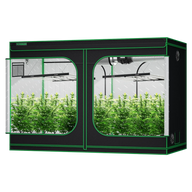 YIYOSUN black & green double grow tent kit with lush plants, LED lights, & ventilation system visible inside.