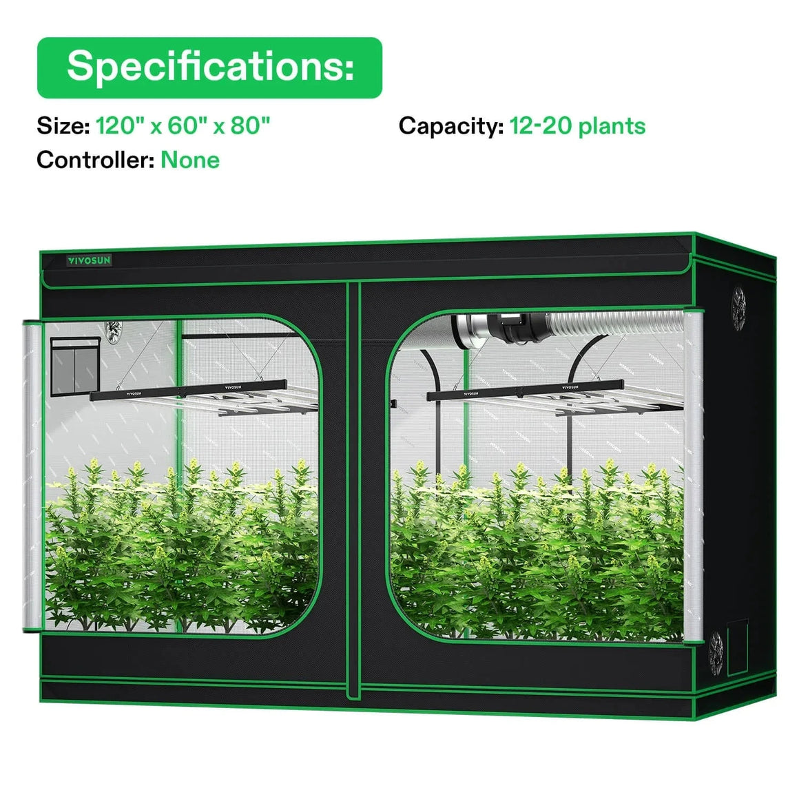 YIYOSUN black & green dual grow tent (120x60x80), with plants, grow lights, exhaust, 12-20 plants.