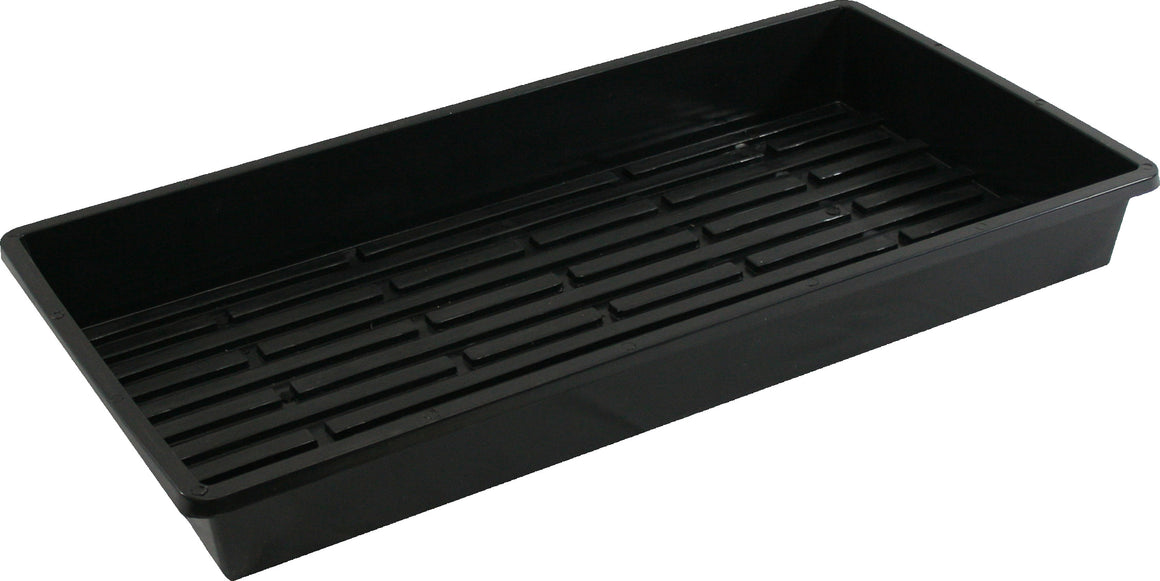 Black plastic seedling tray with raised grid design and straight edges.