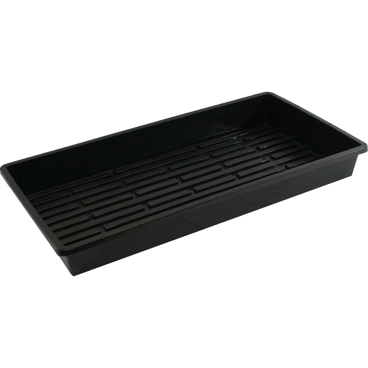 Black plastic seedling tray with raised grid design and straight edges.