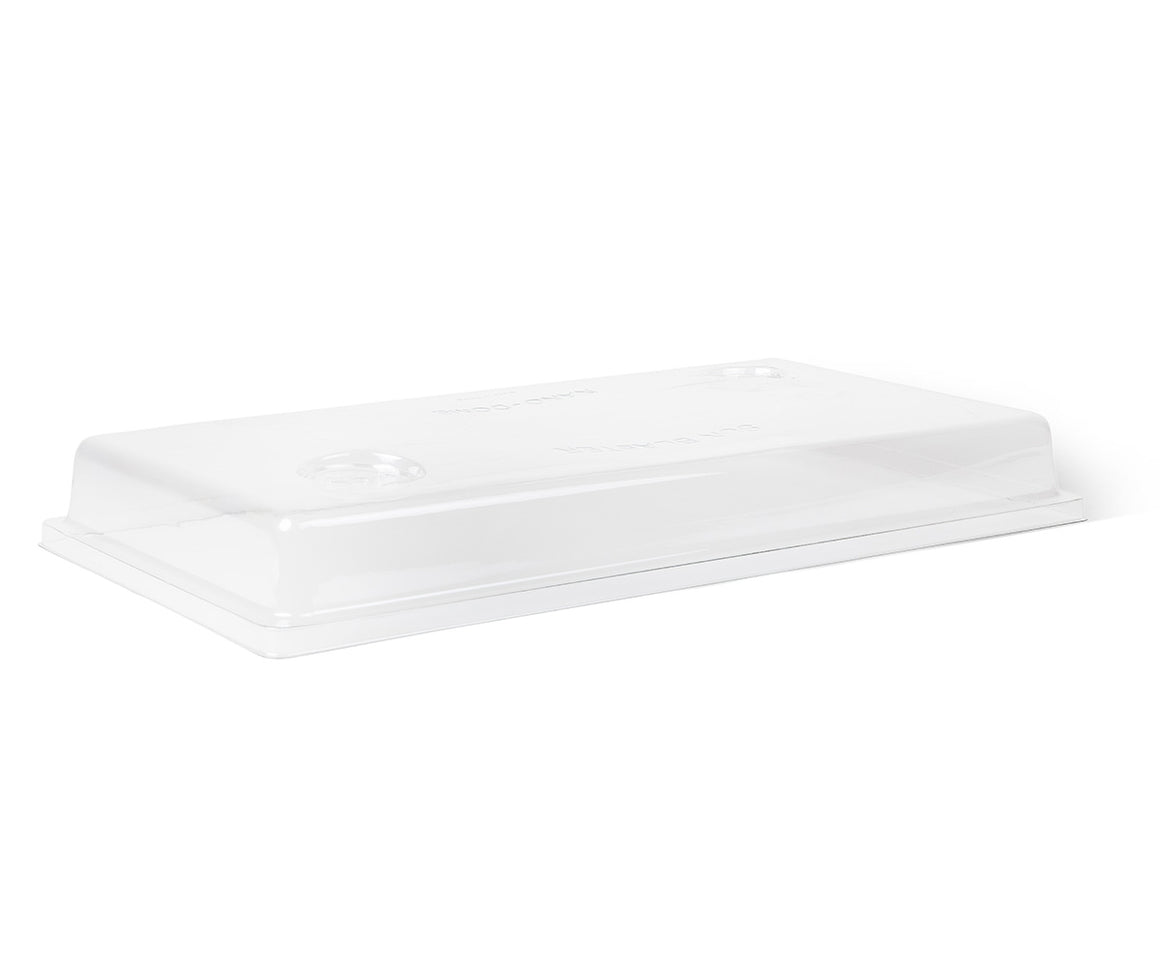 Clear plastic SunBlaster seedling dome with vents, for growing plants.