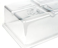 Clear plastic seedling dome with vents, offering a greenhouse effect for plants.