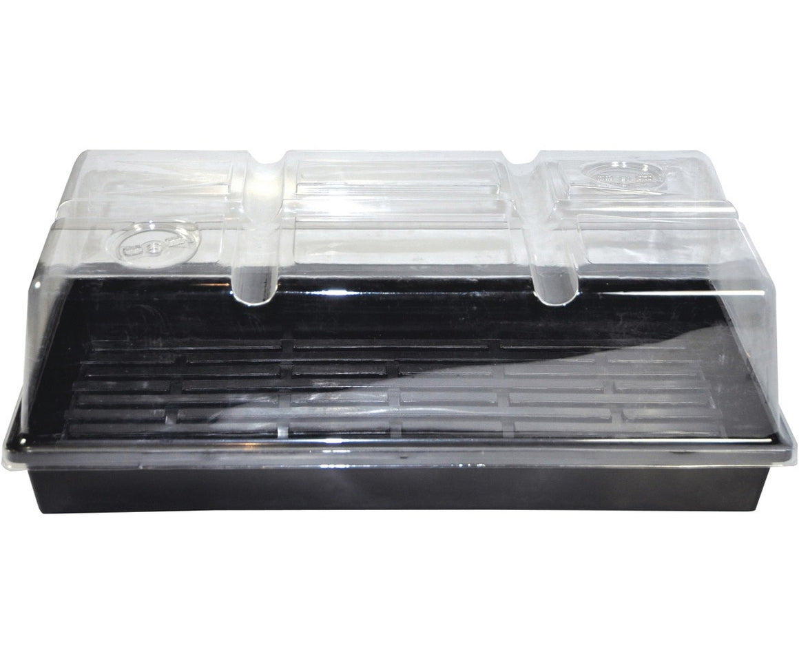 Sunblaster seedling dome with vents, clear plastic lid, black tray.