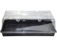 Sunblaster seedling dome with vents, clear plastic lid, black tray.