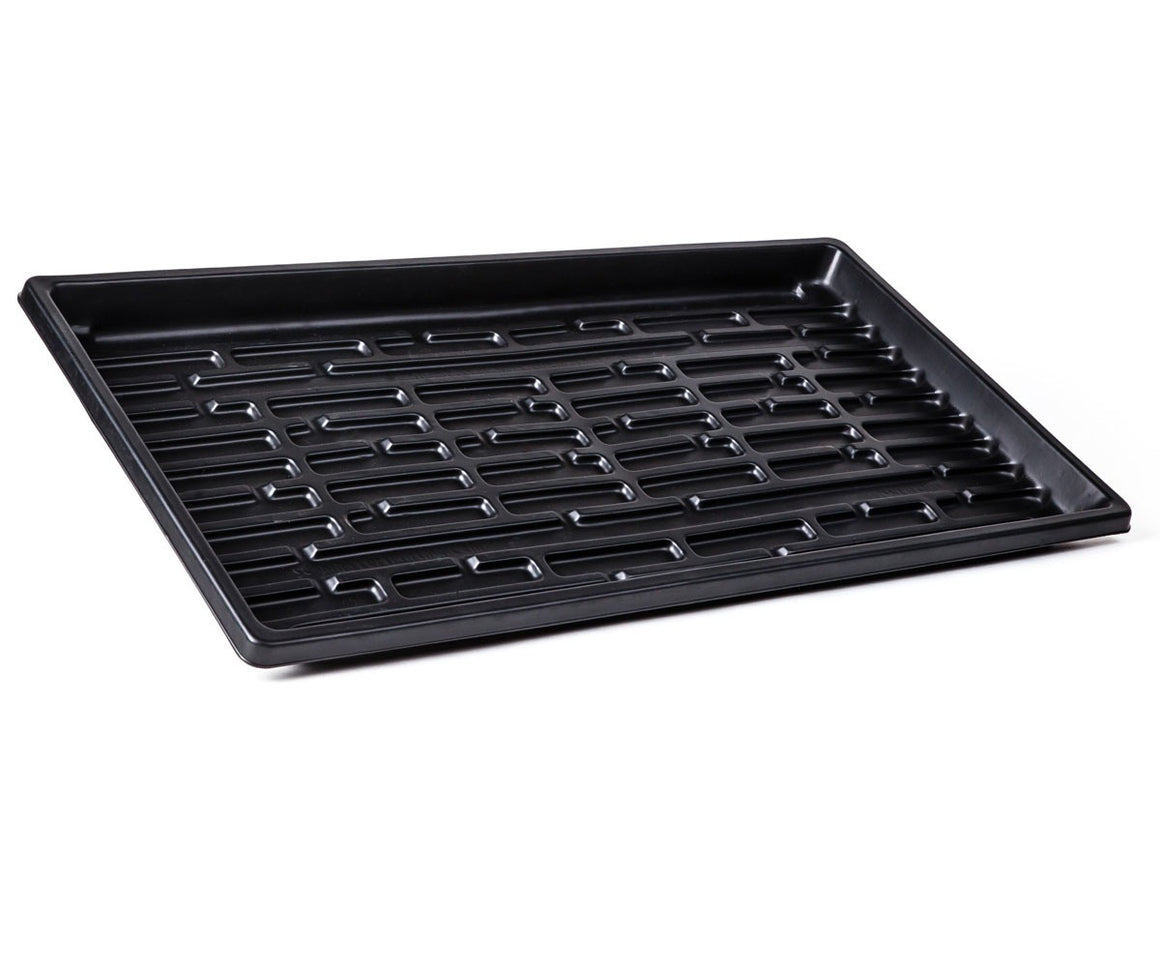 Black plastic double-thick microgreen tray, 10x20x1.2 inch, with ribbed interior.