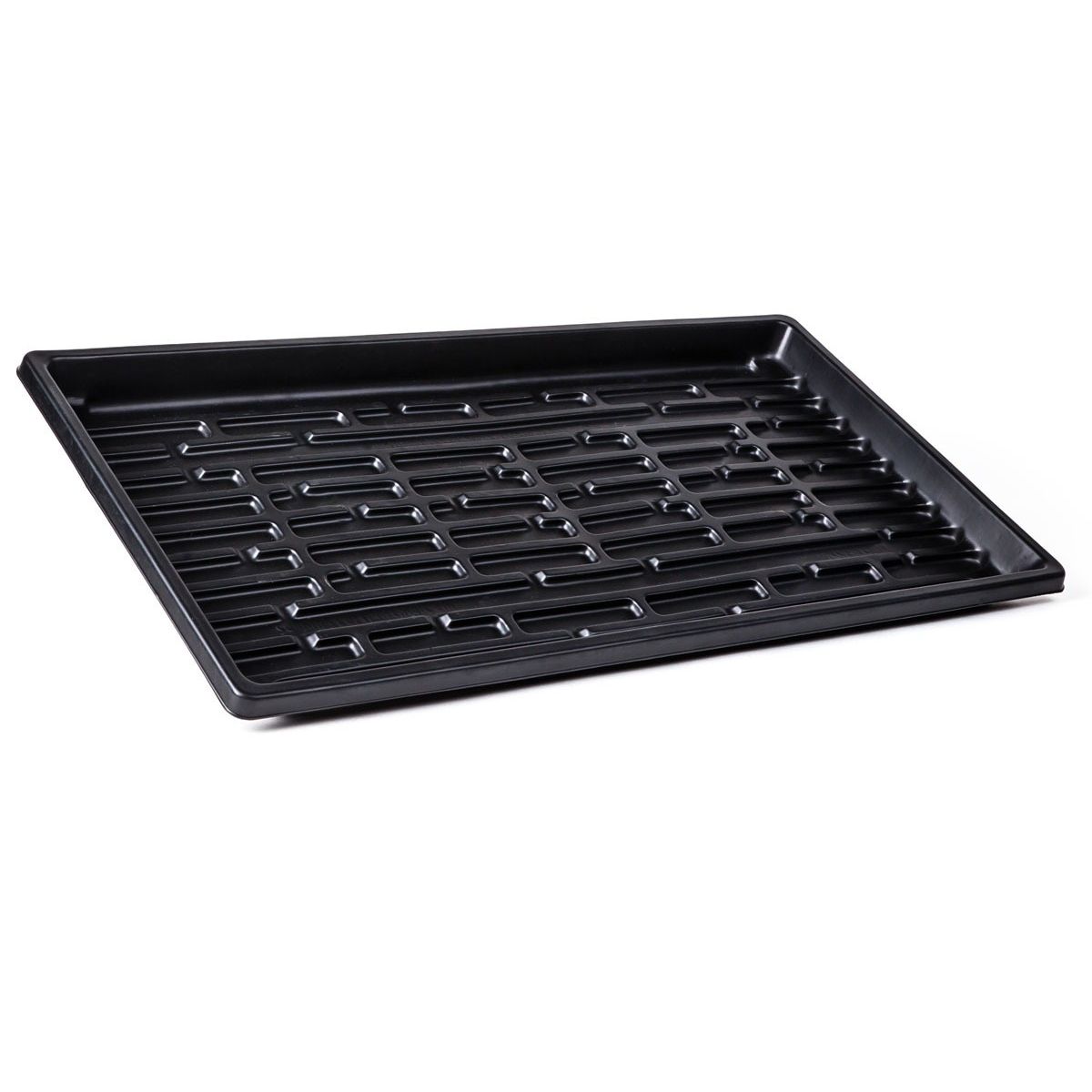 Black plastic double-thick microgreen tray, 10x20x1.2 inch, with ribbed interior.