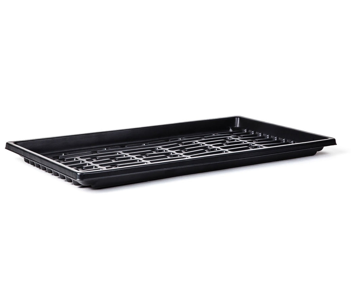 Black plastic microgreen tray with a grid pattern, 10x20x1.3 inches.