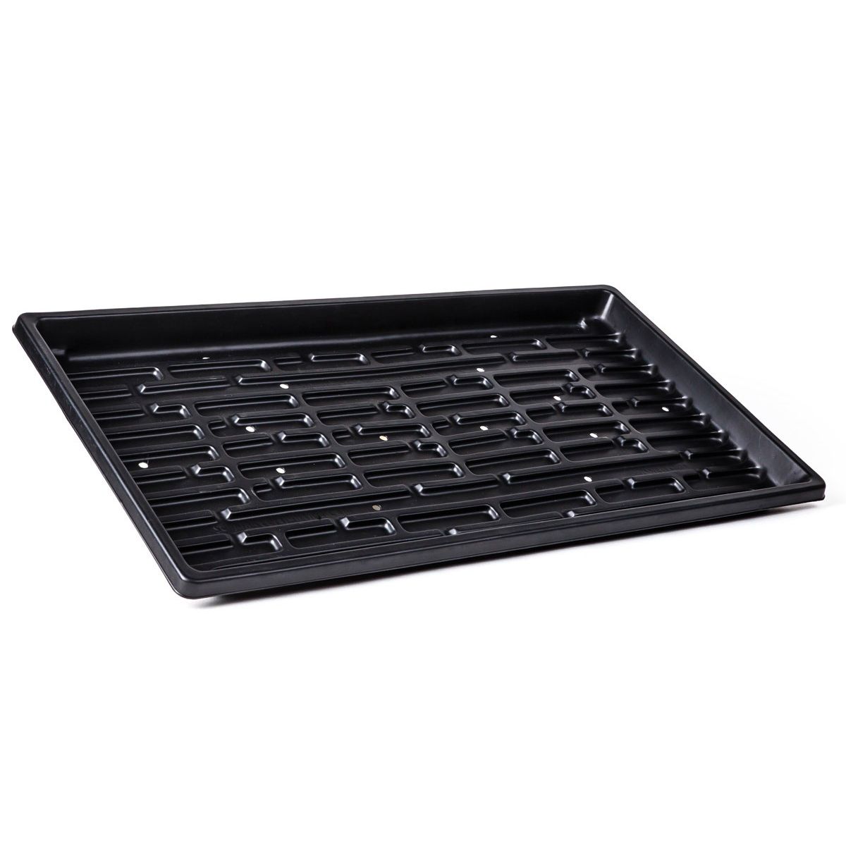 Black microgreen tray with drainage holes, ideal for starting seeds and growing greens.