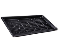 Black microgreen tray with drainage holes, ideal for starting seeds and growing greens.