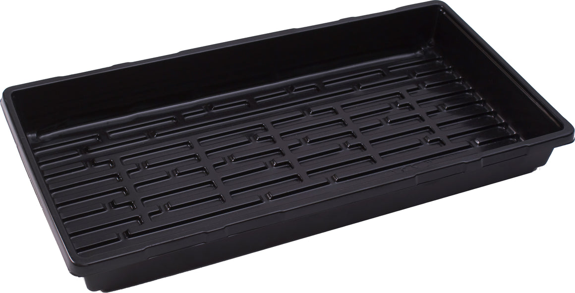 Black, double-thick propagation tray with a ribbed, compartmentalized bottom for superior drainage.