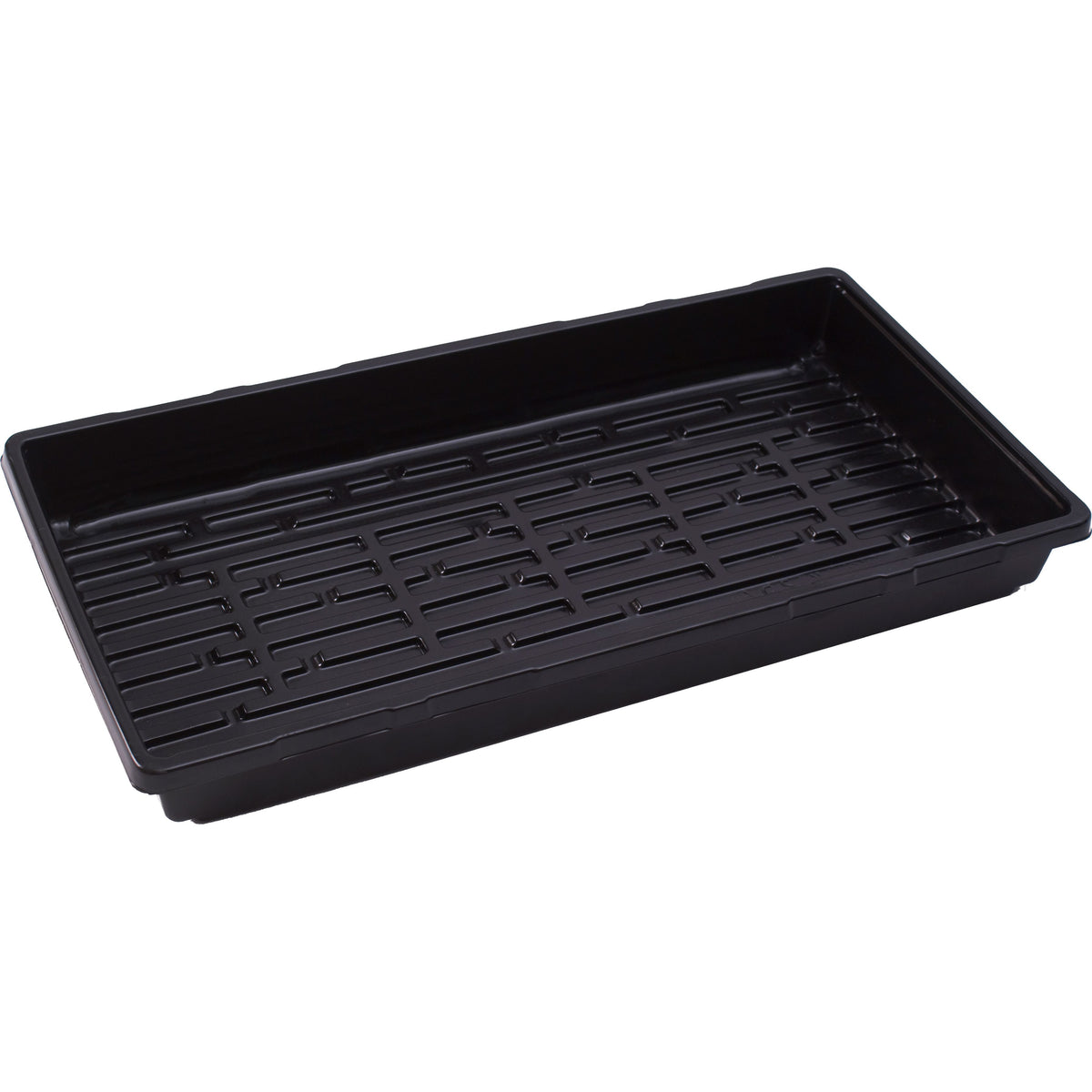 Black, double-thick propagation tray with a ribbed, compartmentalized bottom for superior drainage.