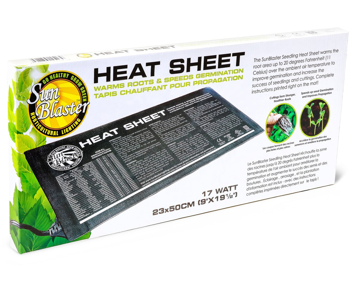 SunBlaster seedling heat mat with instructions and germination chart. 17W, 9"x19.5".