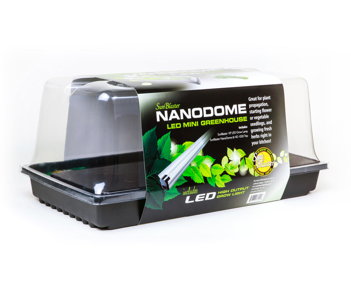SunBlaster Nanodome LED mini greenhouse kit with clear dome and LED grow light.