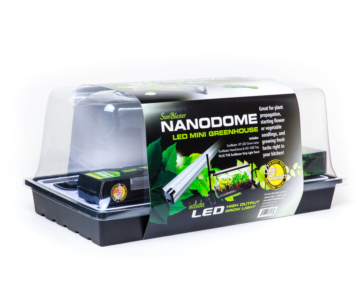 SunBlaster NanoDome LED Mini Greenhouse kit with grow light and tray, ideal for seedlings & herbs.