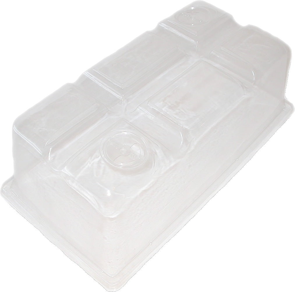 Clear plastic humidity dome with vents for seed starting trays.