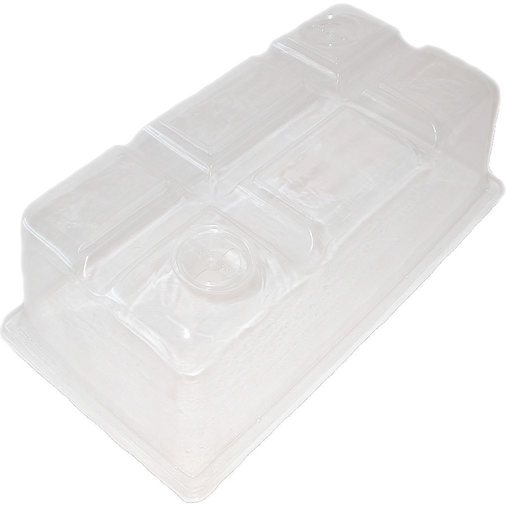 Clear plastic humidity dome with vents for seed starting trays.
