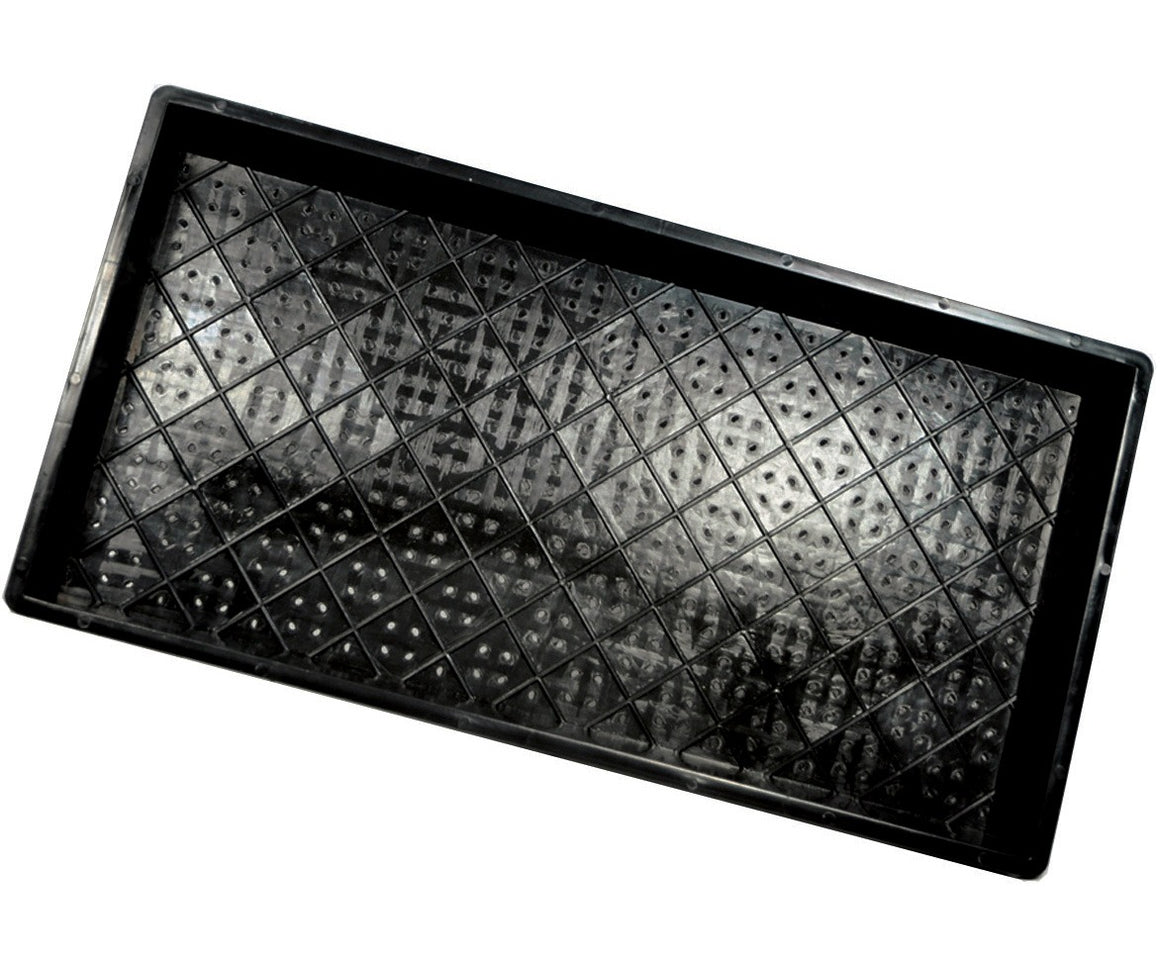 Black SunBlaster wheatgrass drain tray with diamond pattern and drainage holes.