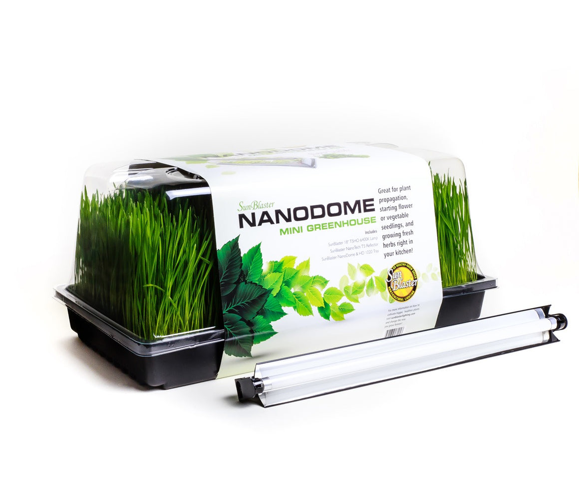 SunBlaster NanoDOME mini greenhouse with growing wheatgrass and T5HO grow light.