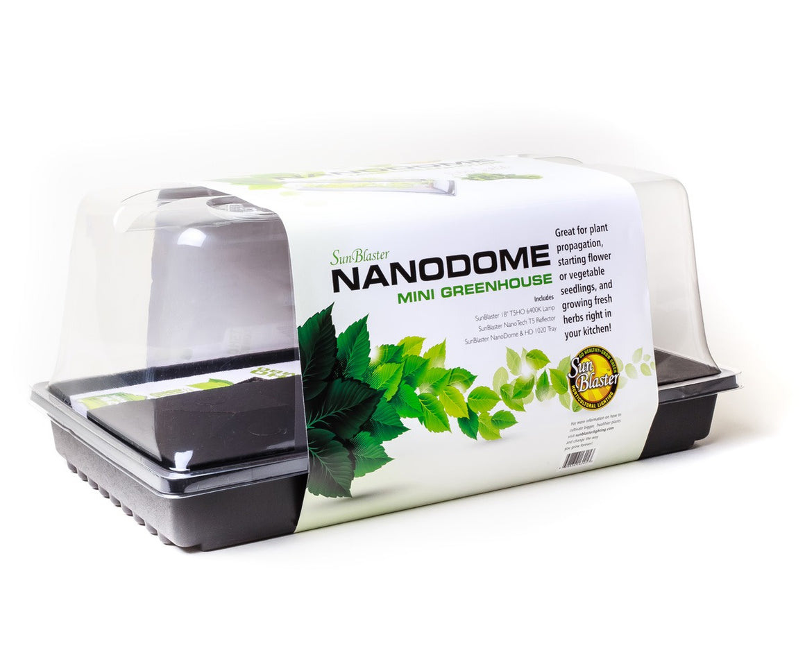 SunBlaster NanoDome mini greenhouse kit with clear lid and black tray.