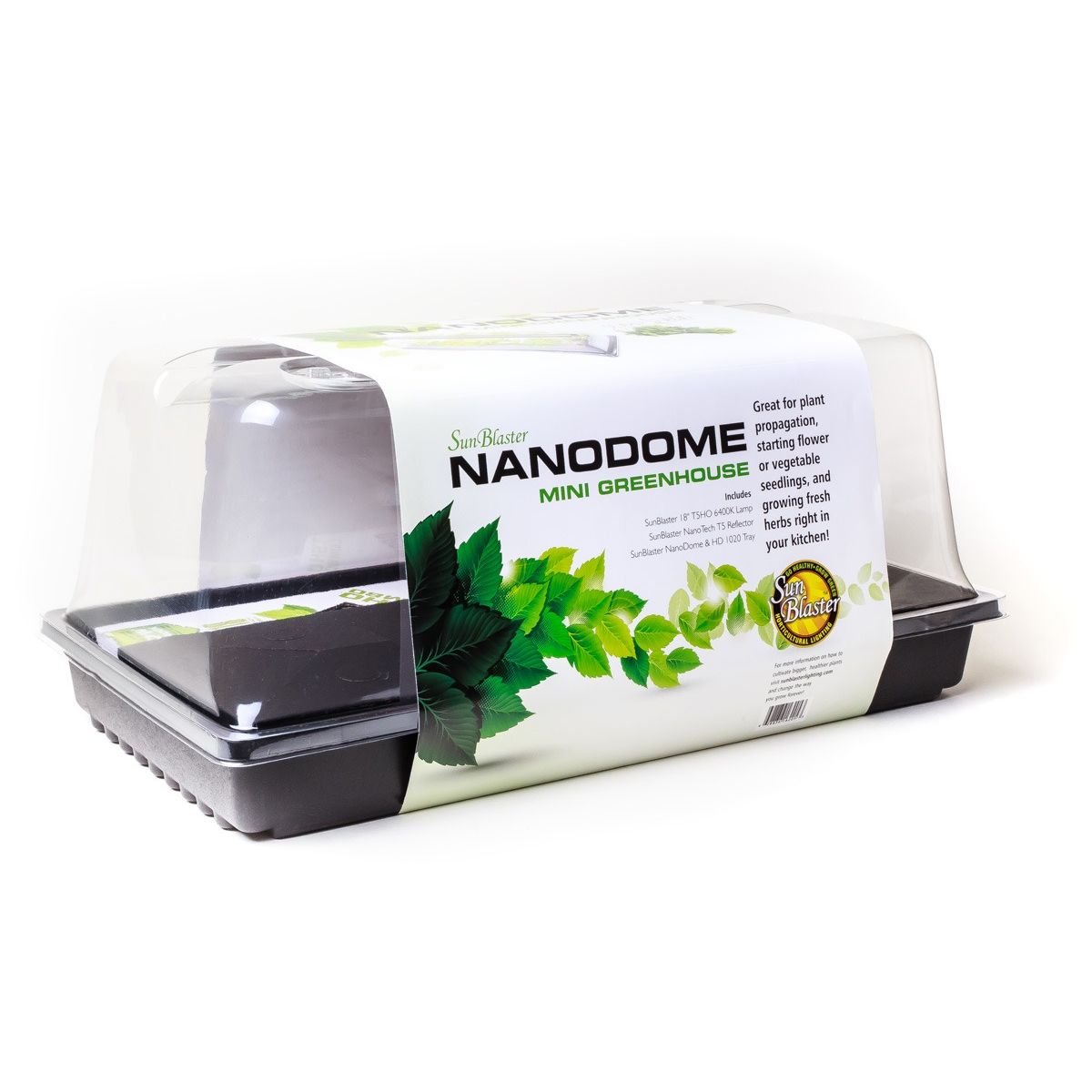SunBlaster NanoDome mini greenhouse kit with clear lid and black tray.