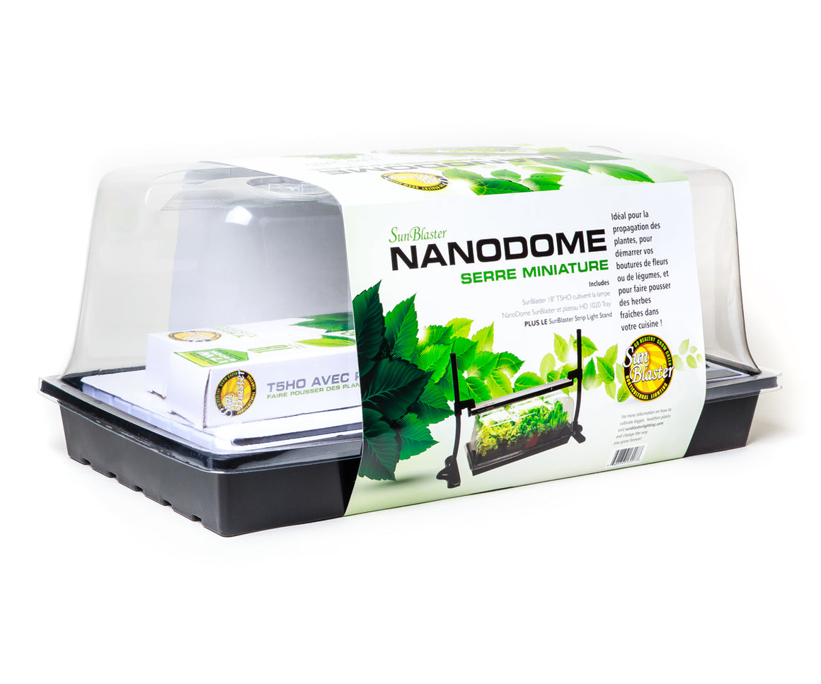 SunBlaster Nanodome miniature greenhouse kit with T5HO grow light and seedling tray.