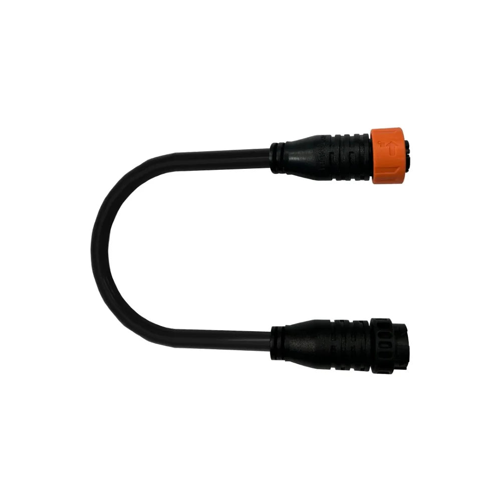 Black U-shaped daisy chain cord with black and orange waterproof electrical connectors.