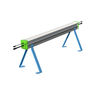 Grey LED grow light bar with white light strip, green end caps, black connectors, and blue angled base supports.