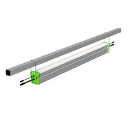 Linear LED grow light, gray with green end caps, suspended by hooks from a square metal beam.
