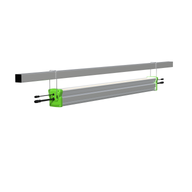 Silver linear LED grow light with bright green end caps, hanging from a grey metal beam, showing illuminated yellow LEDs.