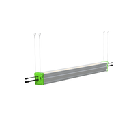 Long rectangular LED grow light bar with silver body, bright green end caps, warm LEDs, suspended by wires.