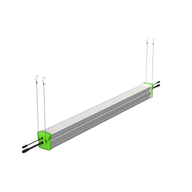 Linear LED grow light with green end caps, hanging wires, and power cables for plant cultivation.
