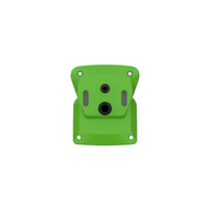 Bright green device with two black round ports, four star screws, and gray textured grips, isolated on a white background.