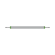 Silver linear LED light fixture with green end caps and black connecting wires.