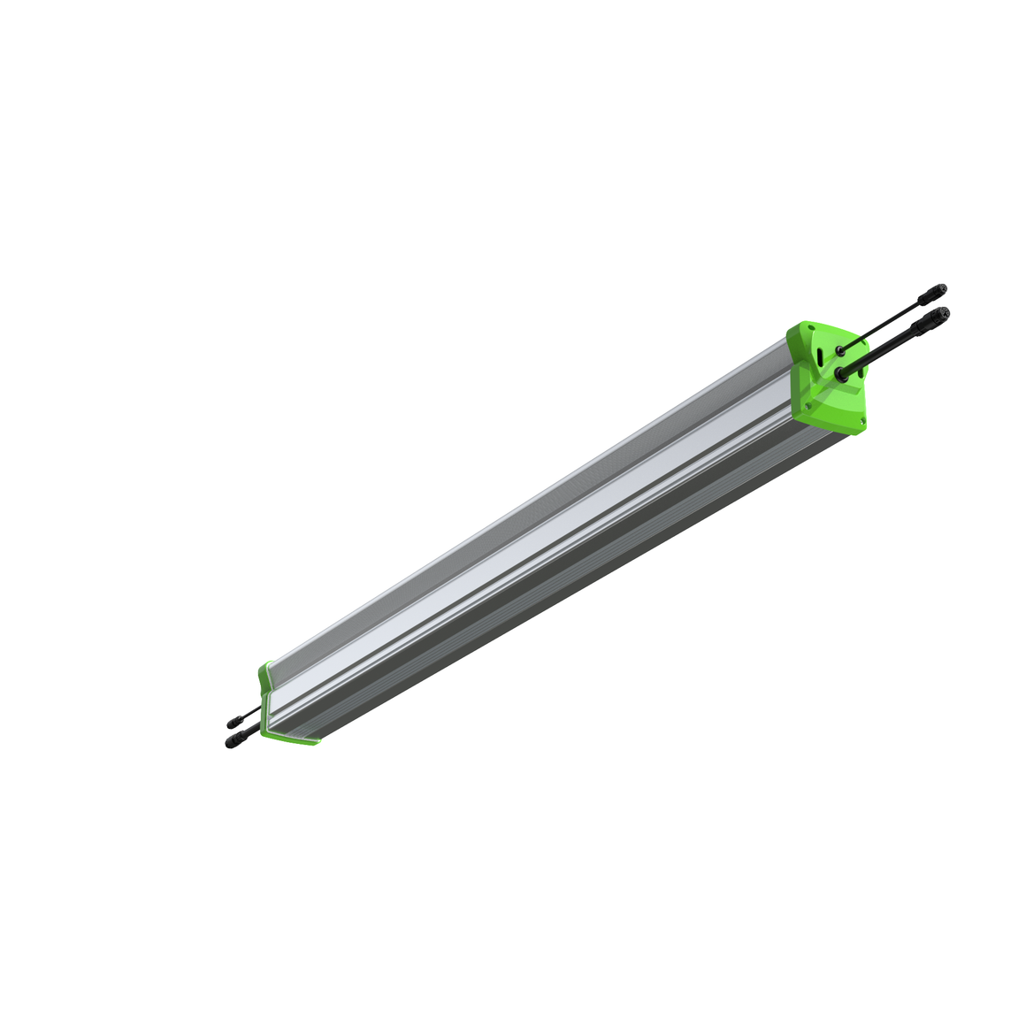 Long silver industrial strip light with vibrant green end caps and black power cables, isolated on white.