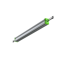 Long silver industrial strip light with vibrant green end caps and black power cables, isolated on white.