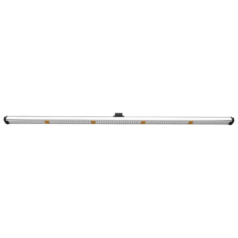 ThinkGrow Model One 4 LED Light Bar. Long silver bar, featuring rows of white and orange deep red full spectrum LEDs.