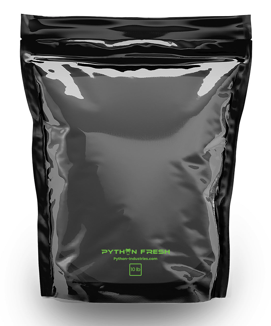 Glossy black resealable stand-up pouch bag, 'PYTHON FRESH' brand, 10 lb, with clear product view window.