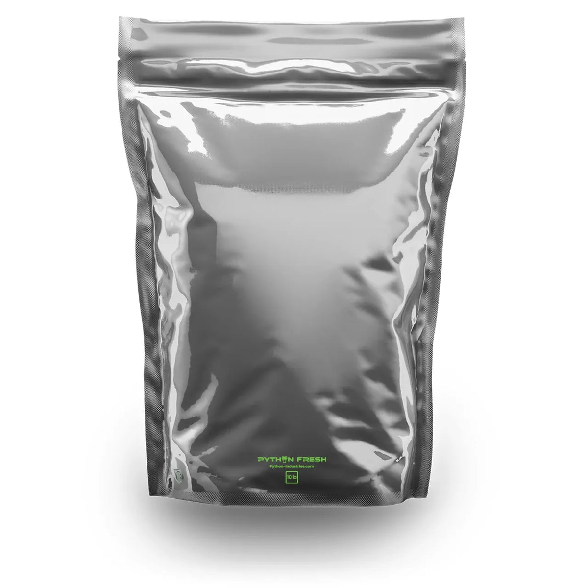 Shiny silver metalized stand-up pouch for 'Python Fresh' with green logo and '10 lb' text. Reflective packaging.