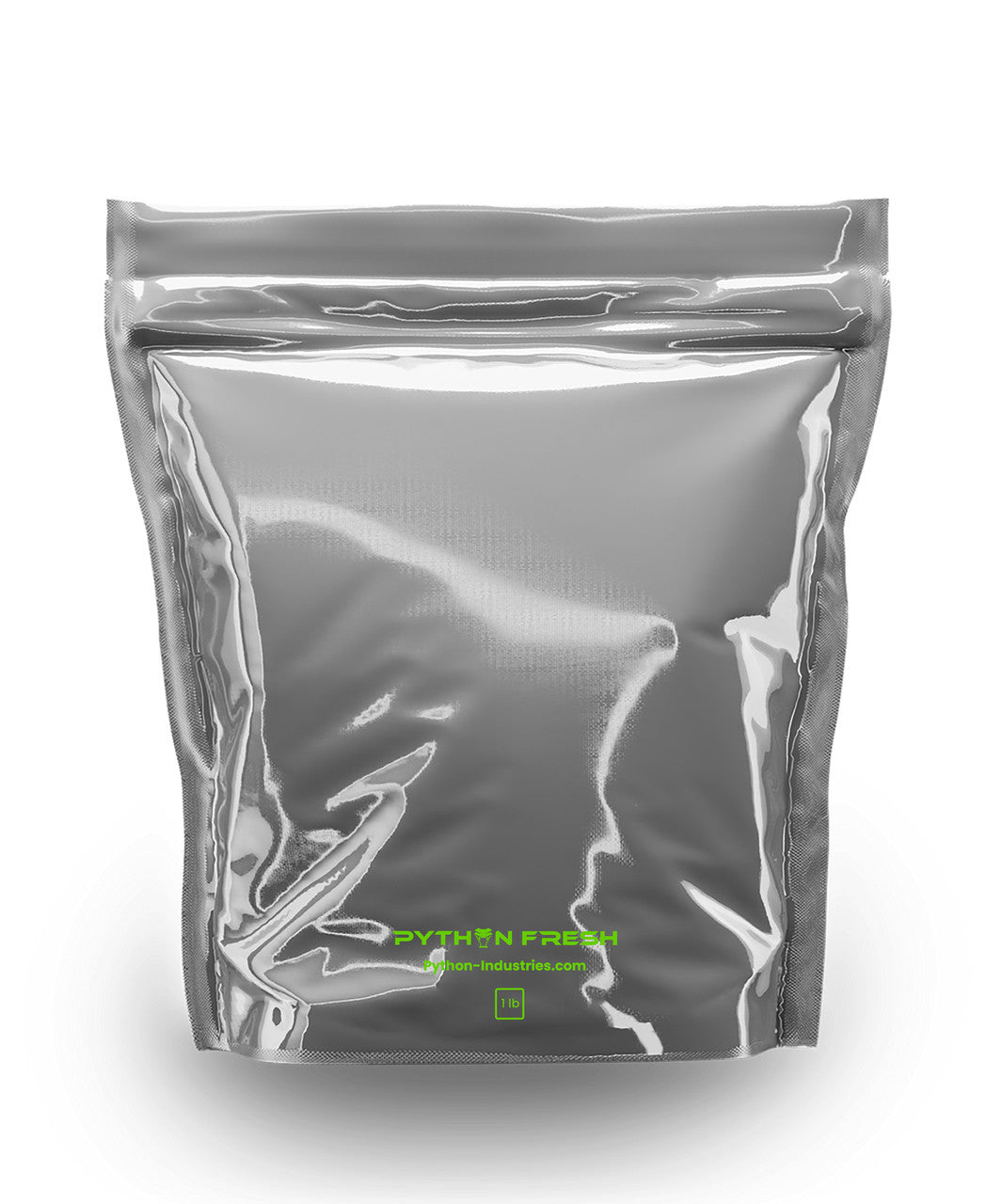 Silver stand-up resealable pouch bag with 'Python Fresh' logo and '1 lb' text, isolated on white.