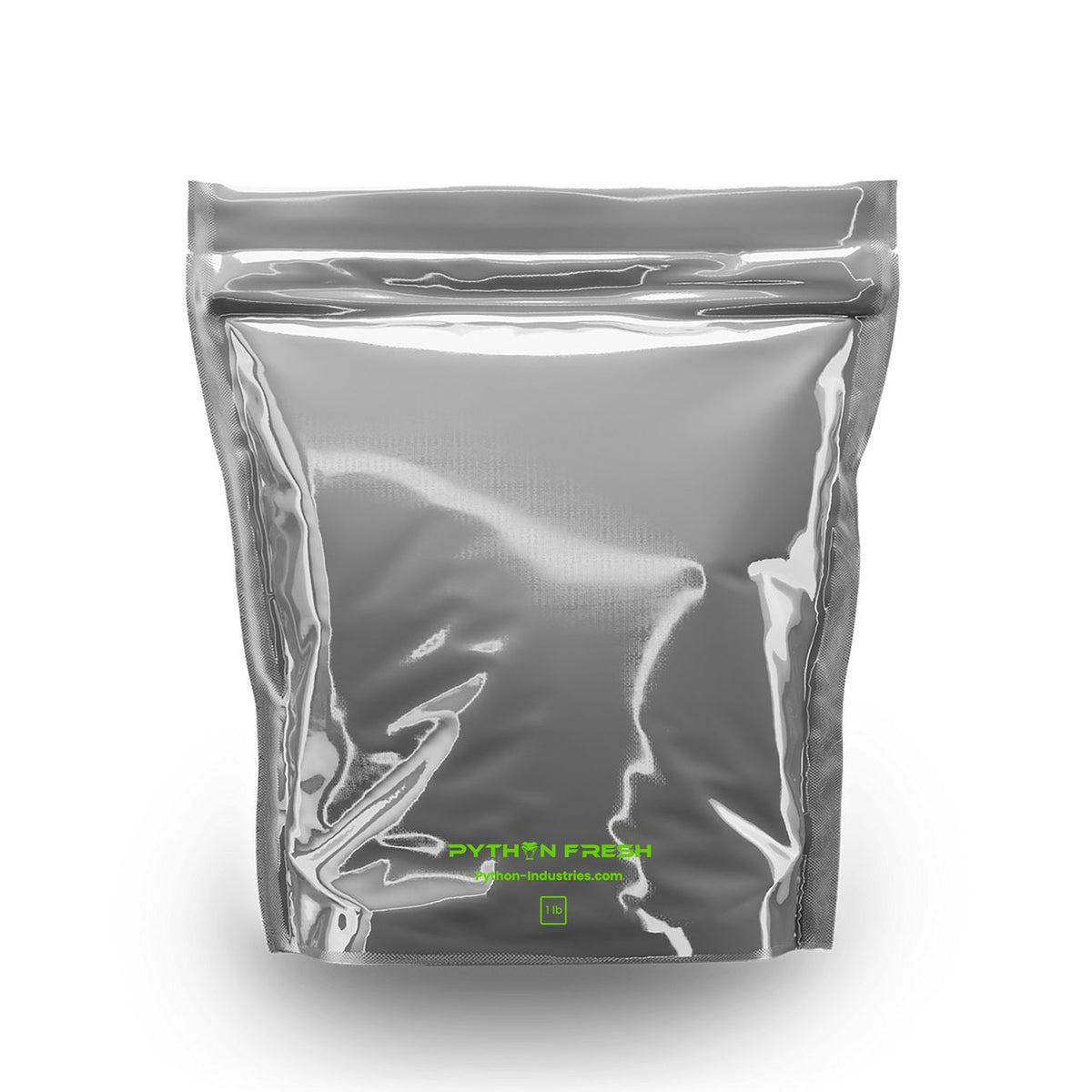 Silver stand-up resealable pouch bag with 'Python Fresh' logo and '1 lb' text, isolated on white.