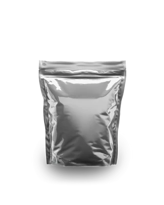 Blank, shiny, silvery metallic stand-up zip-lock pouch. Empty flexible packaging bag with reflective surface.