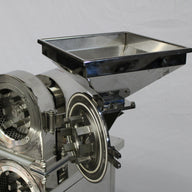 Shiny stainless steel commercial pre-roll grinder with a square hopper and rotating blades.
